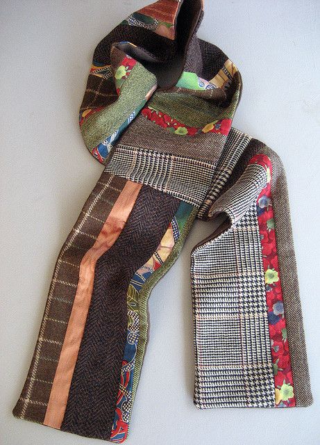 Using Denyse Schmidt's pattern.  Wool tweed, cotton, silk and lined it with 100% cashmere. handpicked.etsy.com/ Patchwork Scarf, Sewing Dress, Tie Crafts, Fabric Scarf, Diy Scarf, Repurposed Clothing, Wool Projects, Diy Couture, Fabric Projects