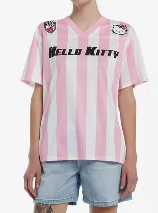 Hello Kitty Stripe Soccer Girls Jersey Top, Pink Volleyball Jerseys, Hello Kitty Jersey, Hot Topic Sanrio, Hello Kitty Products, Hello Kitty Stuff, Hello Kitty Icons, Cute Jersey, Soccer Hoodies, Jersey Numbers