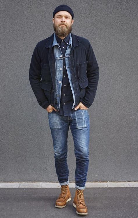 Mens Work Wear Style, Mens Hipster Style, Denim Outfit Men, Lumberjack Style, Older Mens Fashion, Boots Outfit Men, Men Mode, Men's Denim Style, Hipster Man