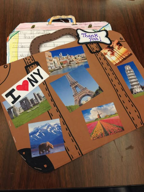 Travel Brochure Ideas For School Project, Travel Around The World Crafts For Kids, Around The World Crafts, Suitcase Craft, Study Abroad Bulletin Board, Passport Activities For Kids, Passport Kids Craft, Around The World Crafts For Kids, Travel Theme Classroom