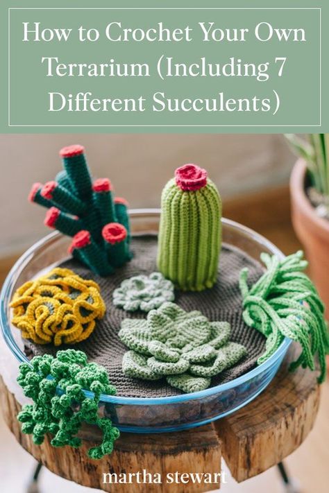 This nature-inspired crochet design includes seven different crochet patterns of gorgeous DIY succulent plants, so you can mix and match them as you like when creating your crochet garden. #marthastewart #crafts #crochet #crochetprojects Plants Crochet, Crochet Plants, Crochet Succulent, Crocheted Toys, Crochet Cactus, Macrame Curtain, Crochet Plant, Crochet Diy, Crochet Flower Patterns