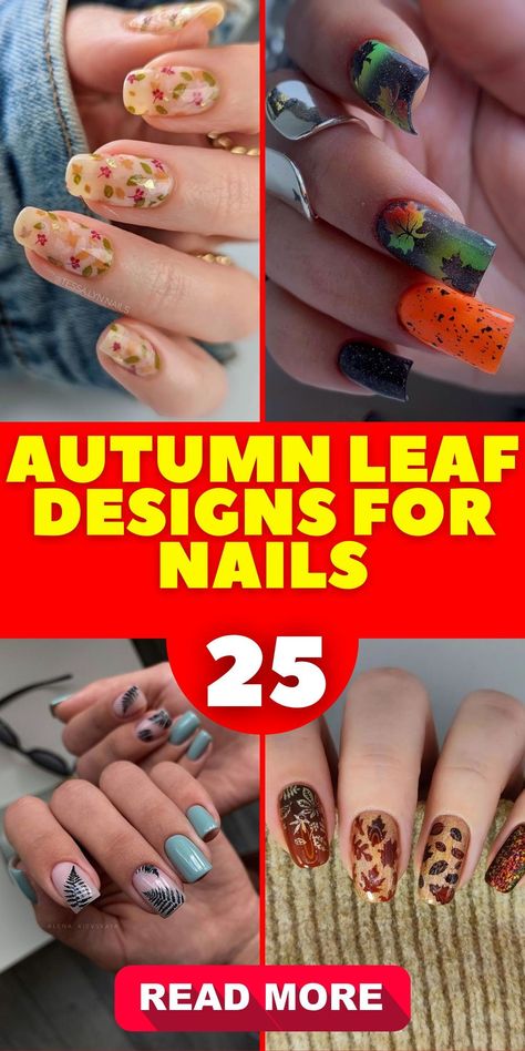 Create stunning fall leaves nail art with our easy-to-follow tutorials. These step by step guides show you how to draw beautiful maple, holly, and tropical leaves using shades of red, brown, and green. Add a touch of gold for a sophisticated finish. Perfect for short nails, these designs are simple yet striking, making DIY nail art accessible and fun for everyone. Enjoy autumn with stylish and affordable nail designs. Simple Fall Nail Designs Leaves, Simple Leaf Nail Art, Fall Leave Nails, Maple Leaf Nails, Autumn Leaf Nails, Fall Nails With Leaves, Fall Leaves Nails, Leaves Nails, Leaves Nail Art