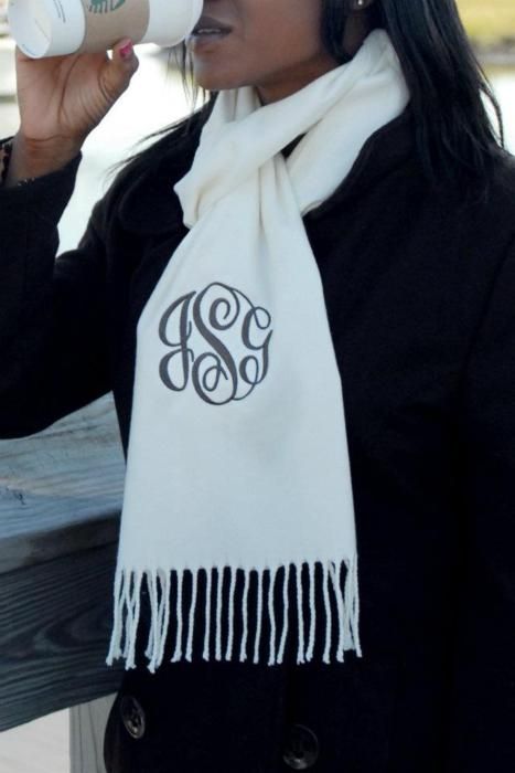 Purchase your scarf from my website @ www.initialoutfitters.net/sherylwagnon Elizabeth Smith, Monogrammed Scarf, Embroidery Monogram, S Monogram, Monogram Gifts, Classy And Fabulous, Passion For Fashion, Autumn Winter Fashion, Dress To Impress