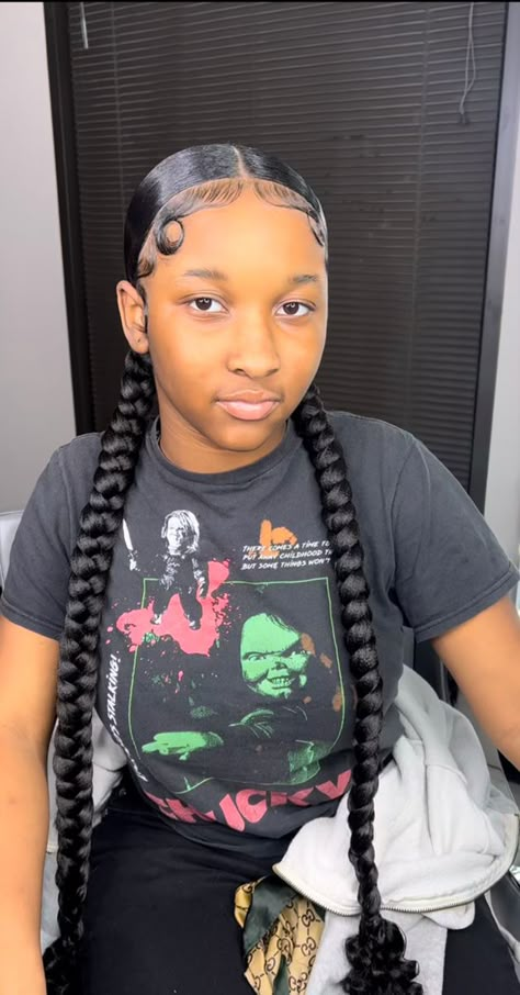 Freshman Hairstyles, 2 Braided Pigtails, Braided Hairstyles For Teens Black, Hairstyles For Teens Black, Simple Braided Hairstyles, Hairstyles Slick, Girl Braided Hairstyles, 2 Braids With Weave, Hairstyles With Curled Hair