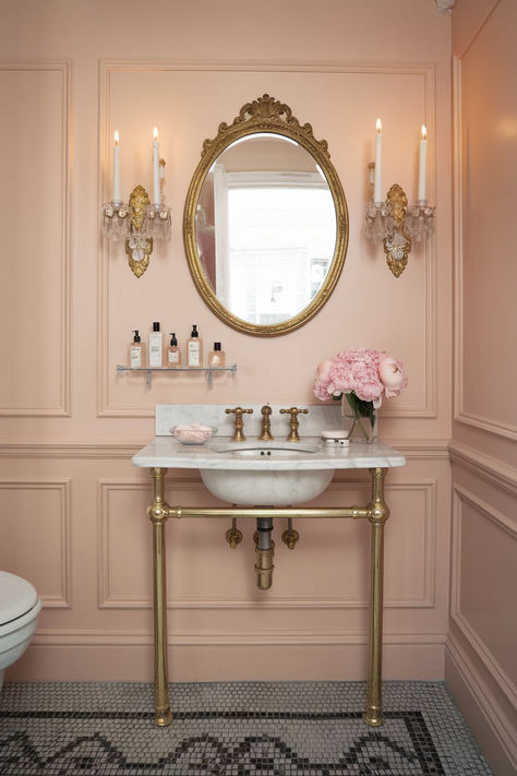 Astonishing Powder Room Ideas Blush Powder Room, Painted Powder Room, Fun Powder Room Ideas, Fun Powder Room, Pink Powder Room, Powder Room Ideas, Floating Sink, Pink Powder, Powder Rooms