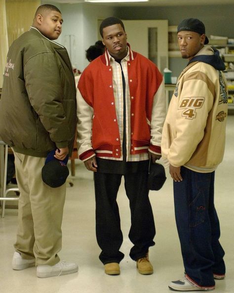 Get Rich or Die Tryin' (2005) Old School Outfits 90s, Old School Hip Hop Outfits, 90s Hip Hop Outfits, Old School Outfits, 90s Black Men, Varsity Jacket Outfit, Looks Hip Hop, 2000s Era, Hip Hop 90s