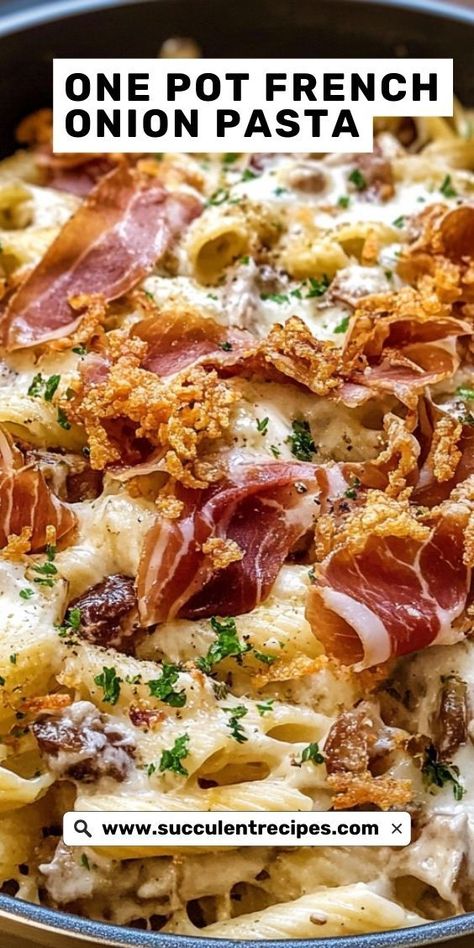 This Easy French Onion Pasta with Crispy Prosciutto is a one-pot wonder, packed with cheesy, oniony goodness and prosciutto perfection. One Pot Recipe Ideas, One Pot French Onion Pasta, French Onion Pasta, Chicken With Prosciutto, Onion Pasta, Prosciutto Recipes, Crispy Prosciutto, One Pot Wonders, Baked Casserole