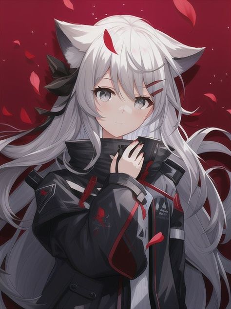 Girl, Fox ears, red, White hairs. Anime Fox Ears, Kitsune Female, Kitsune Girl, Anime Kid, Dark Grey Hair, Vtuber Fanart, Wolf Ears, Fox Ears, Fox Girl