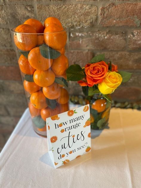 Cutie Theme Centerpiece, A Cutie Is On The Way Decor, Cutie Is On The Way Decorations, Cutie Themed Baby Shower Centerpieces, Cutie Orange Centerpiece, Orange Crush Theme Party, 2 Little Cuties Baby Shower Ideas, Little Cutie Baby Shower Table Centerpieces, Cutie Themed Party