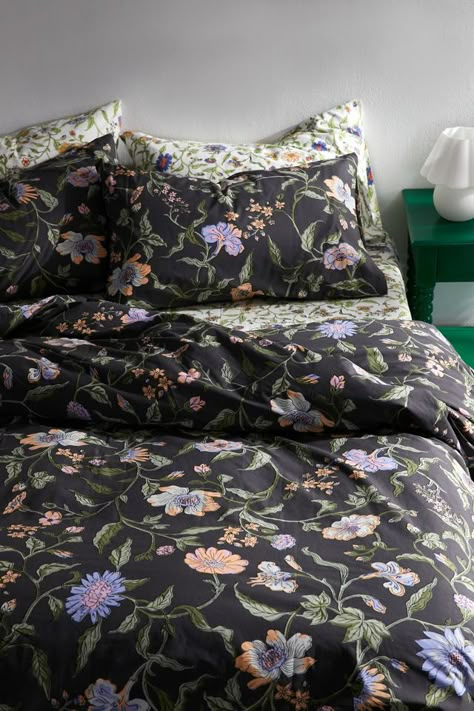 Ella Vine Floral Duvet Set Duvet Set Aesthetic, Whimsigoth Bedding, Moody Comforter, Dark Floral Bedding, Dark Academia Bedding, Velvet Floral Bedding, Black Floral Bedding, Dark Green Floral Bedding, Whimsical Bedroom Adult