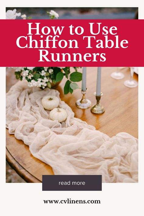 Learn how to use chiffon table runners for your next event. This quick and easy tutorial also includes several ideas for table decor and how to make them look extra special. #ideas #decor #event #styling #planning #decoration Fabric Table Decorations, Wedding Reception Table Runner Ideas, How To Use Table Runners, Wedding Reception Decor Round Tables, Table Scarf Ideas, Round Tables With Runners, Round Table Runner Ideas, Round Table Runner Wedding, Round Table With Runner