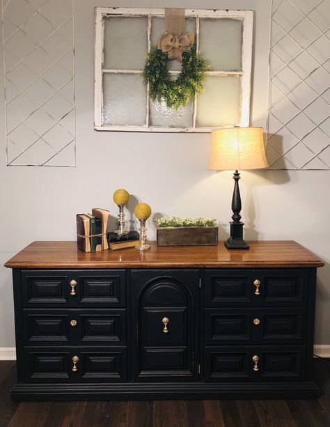 Dresser Black And Gold, Black Buffet Table Gold Hardware, Gold Black Wood Decor, Refinish Dresser Black, Dresser Flip Black And Wood, Black And Brown Dresser Makeover, Black Furniture Bedroom Dressers, Black And Brown Furniture Diy, Farmhouse Furniture Black