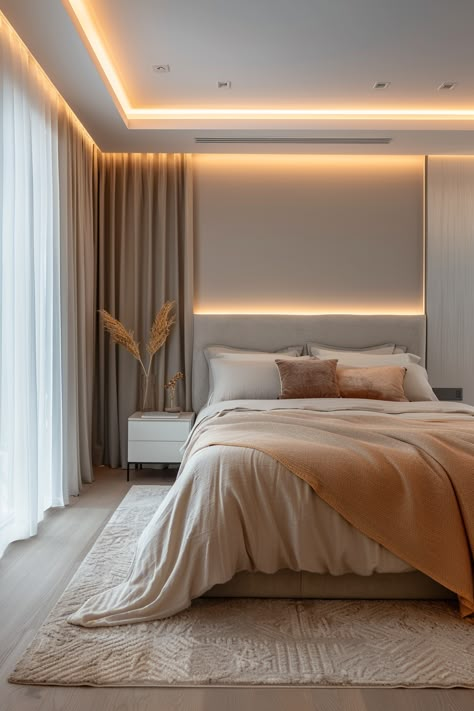 Bedroom Video Ideas, Hotel Vibes Bedroom, Tv Room Lighting Ideas, Cathedral Bedroom, Bedroom Ideas Aesthetic Led Lights, Tv Room Lighting, Bedroom Inspirations Master Modern Luxury, Curtain Lights Bedroom, Warm Tone Bedroom