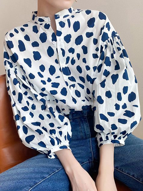 Polka Dot Tops, Stand Collar Blouse, Chiffon Fashion, Puff Long Sleeves, Loose Blouse, Daily Dress, Beautiful Blouses, Collar Blouse, Blue Blouse