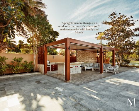 Transform your backyard with this stunning modern pergola design! Featuring a spacious seating area, built-in grill, and sleek wooden accents, this outdoor structure is perfect for hosting gatherings or simply enjoying a quiet evening with family. The pergola’s open layout and contemporary style make it a versatile addition to any outdoor space. Save this pin for patio inspiration and ideas on creating your own outdoor oasis! Pergola Bar, Outdoor Barbeque Area, Dubai Homes, Outdoor Kitchen And Bar, Barbeque Area, Modern Pergola Designs, Pergola Outdoor, Backyard Barbeque, Outdoor Barbeque