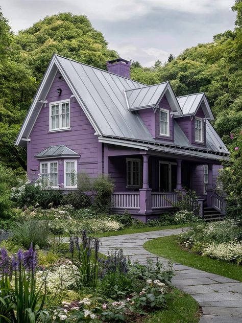 Purple Bungalow, Purple Houses, Purple Cottage, Colorful Exterior, Purple House, Fantasy Dream, Cozy Cottages, Brown Roof, Cute Little Houses