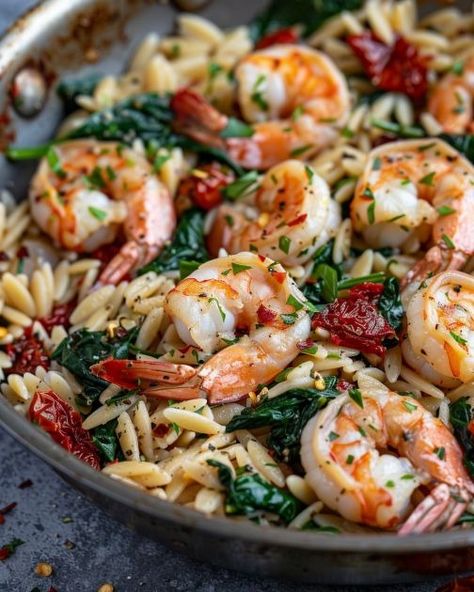 I'm kind of embarrassed to admit it, but I can't stop raving about this dish Shrimp Entrees Dinners, Tuscan Shrimp Orzo, Shrimp Spinach Orzo Recipe, Shrimp Spinach, Tuscan Shrimp, Cooktop Cove, Best Chicken Wing Recipe, Steamed Shrimp, Seafood Entrees