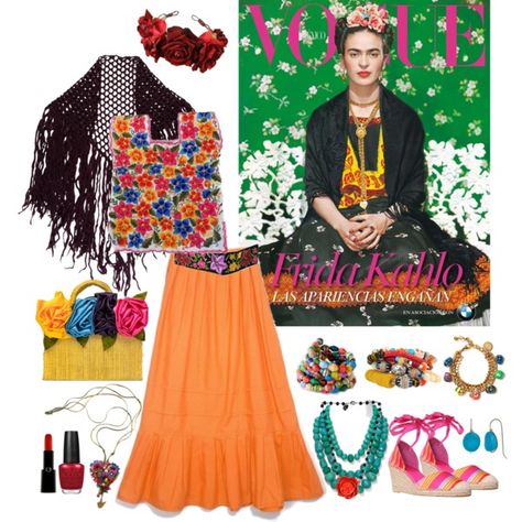 Frida Kahlo by bykatiegirl on Polyvore featuring Nine West, Aqua, Bee Charming, Venessa Arizaga, Cobra & Bellamy, Adele Fado, Armani PrivÃ©, OPI and fridakahlo Frida Fashion, Mexican Fancy Dress, Frida Kahlo Dress, Mexican Bridal Showers, Dress Up Ideas, Frida Kahlo Style, Frida And Diego, Mexican Fashion, Mexican Outfit