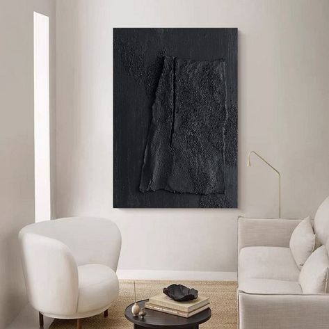 Upscale Decor, Horizontal Painting, Wabi Sabi Wall, Black Painting, Plaster Wall Art, Black Wall Art, Textured Canvas Art, Plaster Art, Living Room Canvas