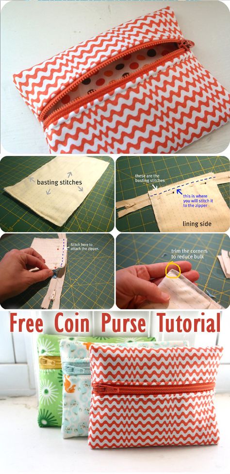 Free Coin Purse Tutorial ~ Free-Tutorial.net Sew Coin Purse Zipper Pouch, Coin Purse With Zipper, Easy Sew Coin Purse, Coin Purses Diy Easy, Zippered Coin Purse Pattern Free, Free Coin Purse Patterns To Sew, Coin Purse Pattern Free, Diy Coin Purse, Purse Patterns Free