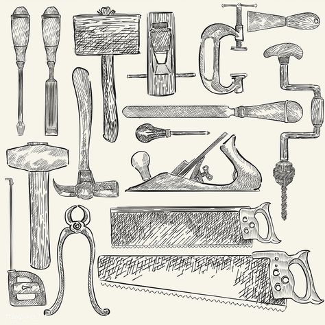 Illustration of a set of carpenter tools | free image by rawpixel.com Carpentry Logos, Mechanic Art, Tool Tattoo, Woodworking Tools Storage, Antique Woodworking Tools, Woodworking Tools Workshop, Essential Woodworking Tools, Carpenter Tools, Handpoke Tattoo