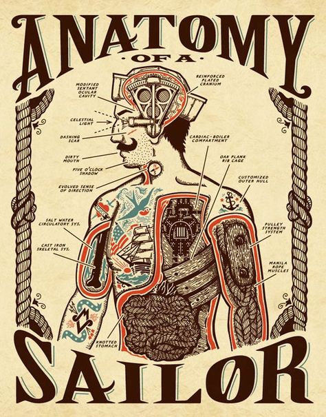 Creative, funny and entertaining. I like the idea behind it. It's not only funny but designed very well with the colors and organization Pirate Life, School Tattoo, Illustration Vector, Tattoo Studio, Beautiful Fashion, Vintage Posters, Anatomy, Fashion Bags, Sailing