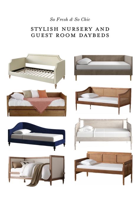 A round up of 8 stylish daybeds for nurseries, kids rooms and guest rooms. Perfect for small space living! Cane and wood daybeds, upholstered daybeds, daybeds with trundles, traditional daybeds Day Beds As Couches, Elegant Daybed, Tufted Daybed, Daybed And Crib Shared Room, Cane Daybed, Baby Room With Daybed, Guest Bedroom Daybed, Daybed In Nursery, Nursery With Daybed