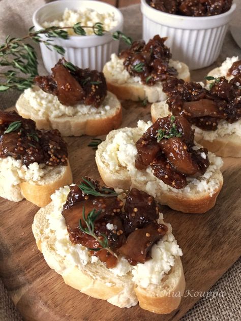 Fig Crostini, Feta Spread, Greek Meze, Toasted Baguette, Spicy Dip, Fig Compote, Small Food Processor, Hot Peppers, Freshly Squeezed Orange Juice