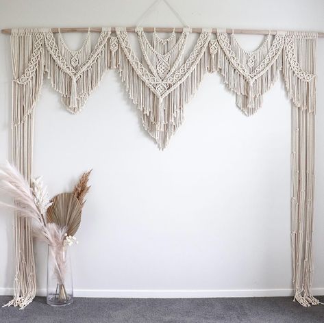 Nicole ♡ on Instagram: “Macramè bedhead/Wedding arch waiting for Vic lockdown to end so she can be sent off to her new home ♡ ♡ ♡ Standard size : 2.4mt wide by 2mt…” Macrame Sweetheart Table, Macrame Wedding Backdrop Pattern, Hexagon Wedding Arch Macrame, Arch Macrame, Boho Sweetheart Table Macrame, Macrame Wall Hanging Ideas, Macrame Knots Pattern, Bed Head, Macrame Knots