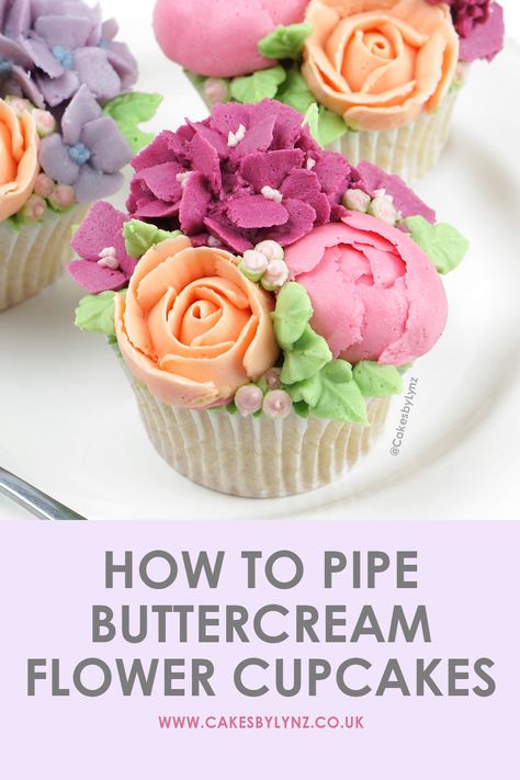 How to Pipe Buttercream Flower Bouquet Cupcakes – Roses, Peony & Hydrangea Piping Techniques Buttercream Decorated Cupcakes, How To Decorate Cupcakes Like Flowers, Diy Floral Cupcakes, Buttercream Flowers Cupcakes Tutorials, How To Make Floral Cupcakes, How To Make Flower Cupcakes Tutorials, Buttercream Frosting For Piping Flowers, How To Decorate Flower Cupcakes, Chocolate Flower Cupcakes