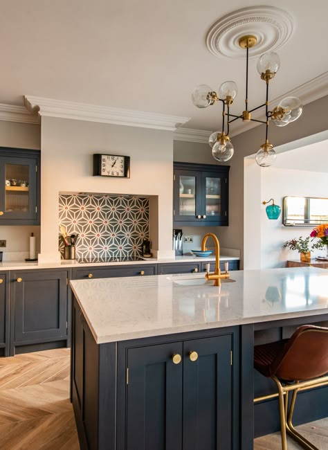 See all our tips on planning and designing your dream bespoke kitchen. #herringbonekitchens #bespokekitchens #bespokecabinetry #kitchenextensions #kitchendesign #bespokekitchencabinetry #bluekitchen #brasshandles #brasshardware #kitchentiles #housextension #extension #kitchenplanning Tiled Splashback, Open Plan Kitchen Dining Living, Small Cottage Kitchen, Lovely Kitchen, Open Plan Kitchen Dining, Open Plan Kitchen Living Room, Reeded Glass, Victorian Kitchen, Smitten Kitchen