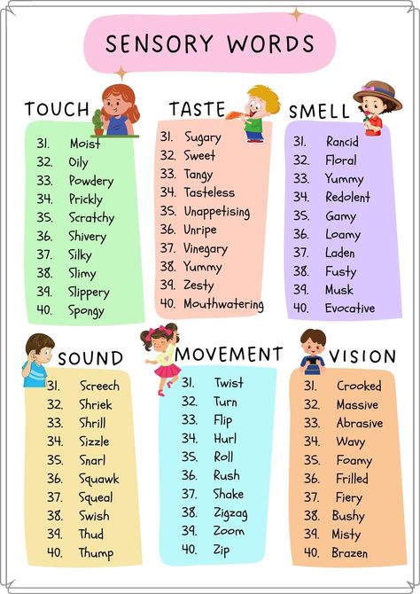 Sensory Language, Sensory Words, Words Worksheet, Words List, Sensory Details, Language Worksheets, Sensory Development, Descriptive Writing, Educational Worksheets