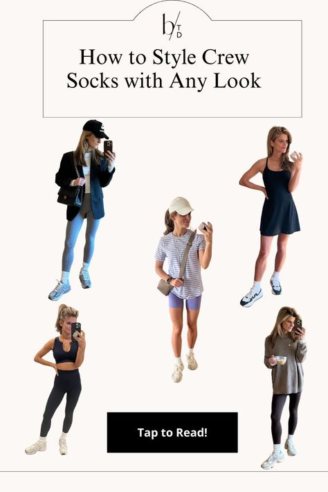 Mid Socks Outfit Street Styles, Sneakers With Crew Socks Outfit, Sneakers With Ankle Socks, How To Style Socks With Sneakers, Styling Crew Socks, White Sneakers High Socks, Dress With Socks And Sneakers, Nike Crew Socks Outfit Women, How To Wear Crew Socks Outfit