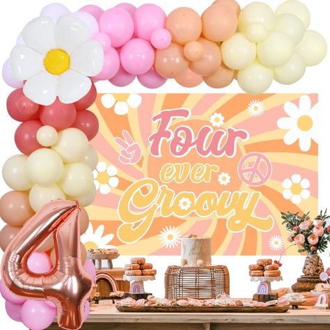 Four Ever Groovy Birthday, Groovy Birthday Decorations, Groovy Backdrop, Flower Balloon Garland, Daisy Flower Balloon, Four Ever Groovy, Groovy Party Decorations, Princess Tiana Birthday Party, Tiana Birthday Party