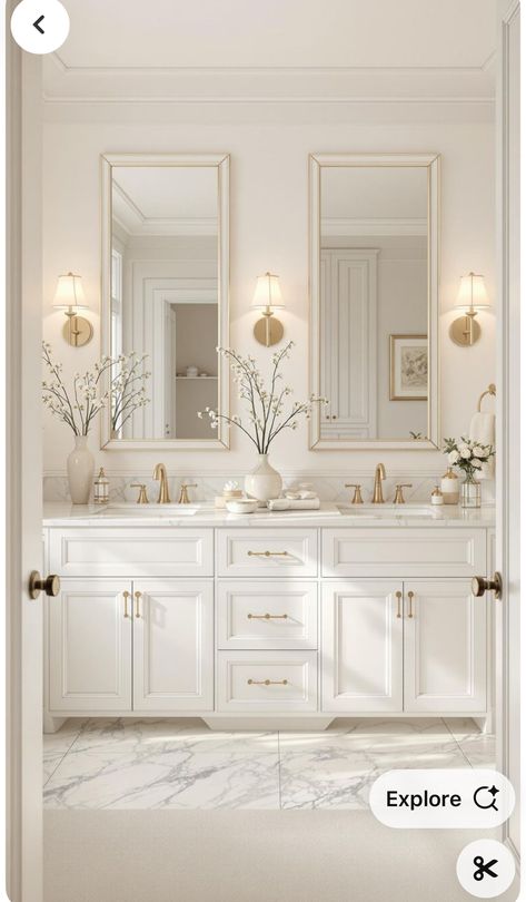 Home Decor Ideas Cream, Bathroom Inspiration Gold Accents, Luxury Double Vanity Bathroom, Master Bath Ideas White Cabinets, Classic Clean Bathroom Design, White And Cream Bathroom Tile, White Bathroom Vanity With Wainscoting, Elegant Neutral Bathroom, Gold And White Master Bath