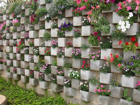 2. Use Cinder Blocks To Plant Flowers Inside You can create a whole garden wall using cinder blocks. Arrange them in some creative way and plant some colorful flowers inside them. When the flowers grow you will have the most beautiful and colorful vertical garden in the world. Cinder Block Garden, Cinder Block Walls, Cement Blocks, نباتات منزلية, Walled Garden, Cinder Block, Kew Gardens, Growing Flowers, Small Backyard Landscaping