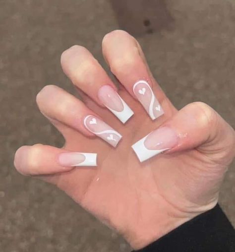 Middle Length Nails, Nails Middle Length, Nails Mid Length, Mid Length Nails, White Heart Nails, Length Nails, Heart Nails, White Heart, Nail Inspo