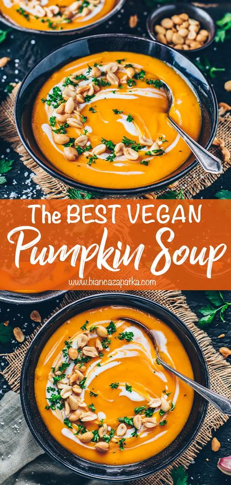 Vegan Pumpkin Soup Recipe, Roasted Pumpkin Soup Recipe, Autumn Meals, Roasted Pumpkin Soup, Pumpkin Recipes Dinner, Vegan Pumpkin Soup, Roast Pumpkin Soup, Creamy Pumpkin Soup, Soup Creamy