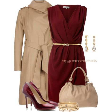 Crossover Belted Dress & Shiny Pumps - Polyvore Sassy Style, Burgundy Outfit, Future Wardrobe, Beige Outfit, Outfits Polyvore, Fashion District, Clothes Closet, Classy And Fabulous, Work Wardrobe