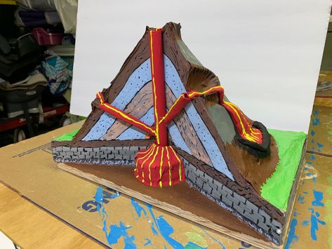 Made with poster foam board modeling clay and paper mache’. Volcano Diorama, How To Make A Volcano Model, Volcano Project For Kids, Volcano Clay Model, Papier Mache Volcano, Realistic Volcano Model, Paper Mache Volcano, Volcano Model, Volcano Science Projects