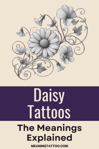 Do you know what a daisy tattoo represents? It's more than just a flower—it's about purity, love, and fresh starts. Click to discover all the meanings including daisy and sweet pea! Chrysanthemum Tattoo Meaning, Unique Daisy Tattoo, Daisy Tattoo Designs Drawings, Margarita Flower Tattoo, New Beginning Tattoo Fresh Start, Daisy Tattoo Designs Vintage, Daisy Flower Tattoo Designs, Sweetpea Tattoo, Dahlia Flower Tattoo