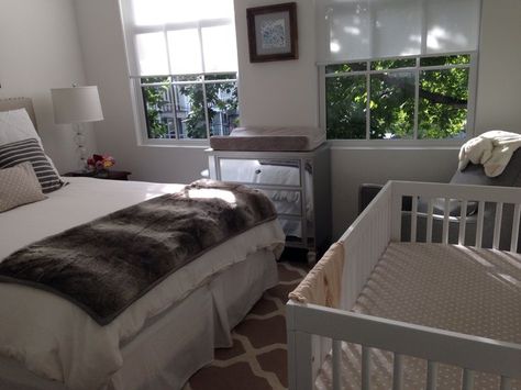 Baby Guest Room | Nursery/guest room Cot In Parents Room Ideas, Nursery In Parents Room Ideas, Guest Room With Crib, Nursery And Bedroom Combined, Bedroom And Nursery Combo, Mom And Baby Room Shared Ideas, Nursery With Guest Bed, Shared Nursery With Parents, Nursery Corner In Parents Room