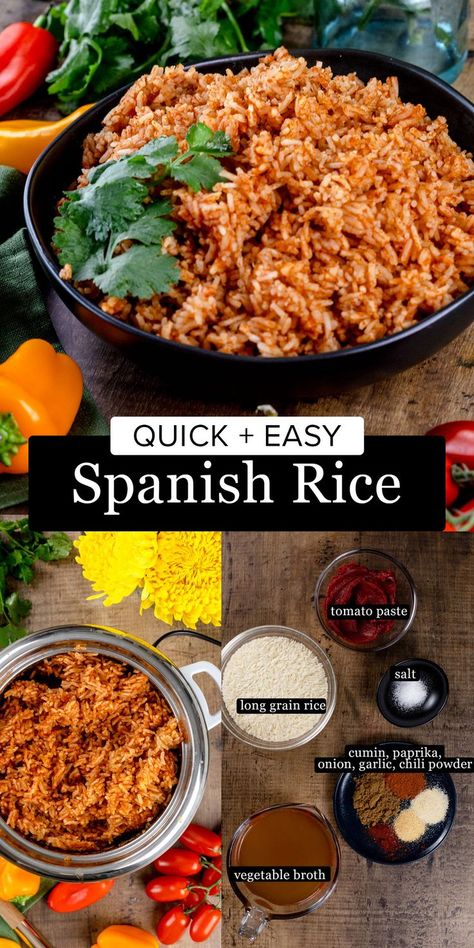 A collage of Spanish rice. The top image shows the finished rice in a big bowl. The second shows the rice in the rice cooker. The final shows the ingredients needed to make the rice. Rice Cooker Spanish Rice Easy, Rice Cooker Spanish Rice, Easy Spanish Rice, Rice In A Rice Cooker, Homemade Spanish Rice, Mango Pineapple Salsa, Spanish Rice Easy, Taco Side Dishes, Black Bean Enchiladas