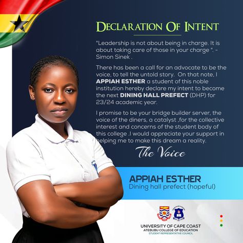 Declaration of intent of the flyer for the Dining Hall prefect, which has been artfully crafted by the esteemed Oppomence graphics, is hereby presented in Ghana. you can contact us on 0247369275 Declaration Of Intent Flyer Design, Declaration Of Intent, Campaign Flyers, Event Poster Design Inspiration, Event Poster Design, Student Body, Flyer And Poster Design, Poster Design Inspiration, Dining Hall