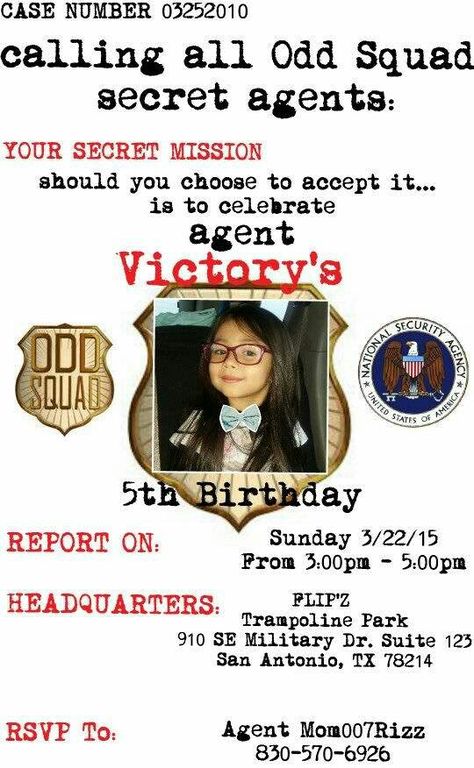 Bearthday Ideas, Odd Squad Badge, Secret Agent Party, Odd Squad, Spy Party, Party Invitations Kids, Pbs Kids, Birthday Planning, Party People