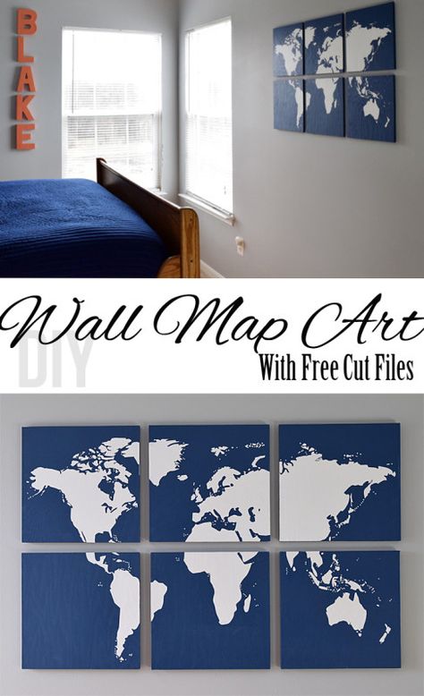 DIY Wall Map Art made on MDF wood for a Boys Room Wall Decor. There are even FREE CUT FILES included for the world map in the tutorial. Diy World Map Wall Art, Diy Map Art, World Map Silhouette, Homemade Presents, Boys Room Wall Decor, Diy Map, Map Silhouette, Aviation Decor, Graphic Wall Art