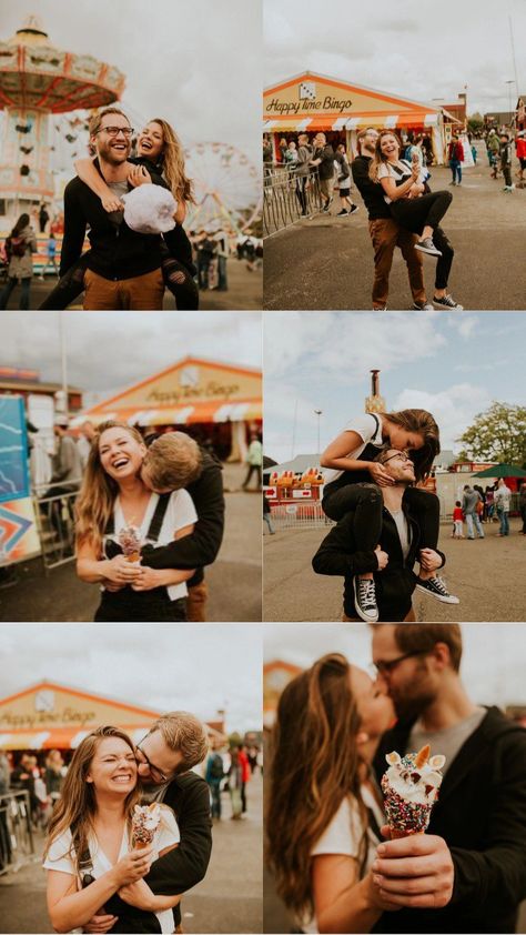 Fairground Engagement Photos, Theme Park Engagement Shoot, County Fair Couples Photoshoot, Engagement Photos Carnival, State Fair Photoshoot Couple, Themed Couple Photoshoot Ideas, Fair Pictures Couples, Fair Photography Couples, Engagement Photos Fair