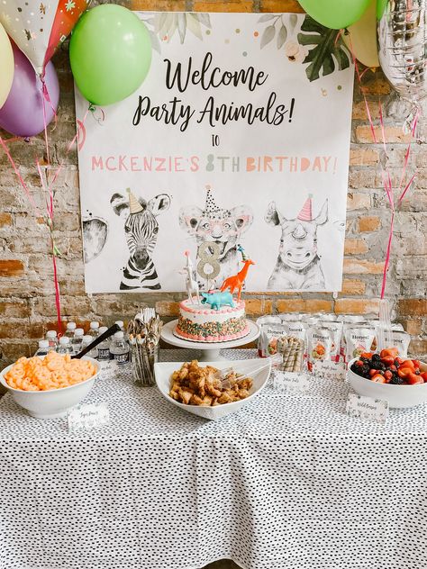 "Party Animal" theme little girl style 3 Amigos Birthday Party, Wild And Five Birthday Party, You Wild And Three Birthday, Animal Themed Birthday Party Girl, Party Animal Birthday Food, Party Animal Food, Party Animal Birthday Theme Decoration, Zoo Birthday Theme, 6th Birthday Theme