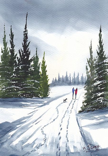 Watercolour Winter Landscape, Winter Watercolour Painting, Winter Scene Paintings, Winter Landscape Painting, Watercolour Landscape, Watercolor Winter, Winter Watercolor, People Walking, Watercolor Pictures