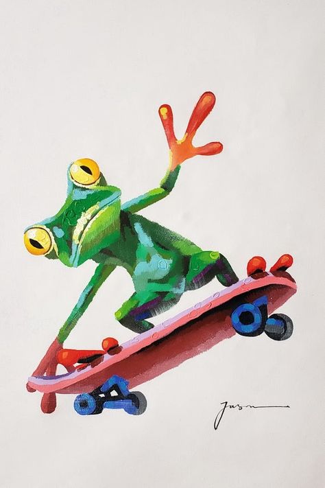 Frog on Skateboard - 24x36 - Acrylic & Oil mixed Painting on Giclee Canvas Skateboarding Painting Canvas, Just Roll It Painting, Skateboard Painting Ideas Canvas, Animals On Skateboards Drawing, Frog Painting Ideas, Skateboard Painting Ideas, Frog Skateboard, Frog On Skateboard, Skateboard Painting